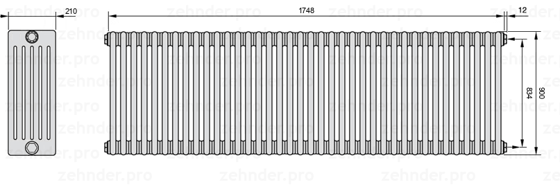 Схема (чертеж) Радиатор Zehnder Charleston 6090/38 №7610 Белый глянцевый RAL 9016